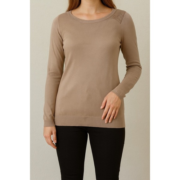 Banana Republic Sweater Top Small Beige Knit Long Sleeve Faux Leather - Picture 1 of 8